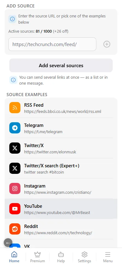 The Add source screen