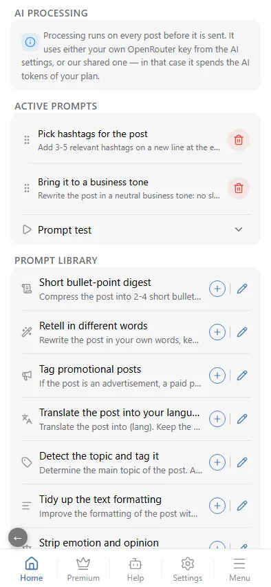Active prompts of a source