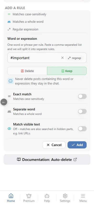 Two "Delete" rules added, the third is "Keep #important"