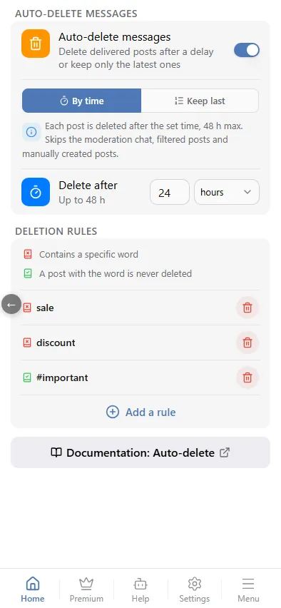 Rules in the list: sales and discounts are deleted, "#important" stays