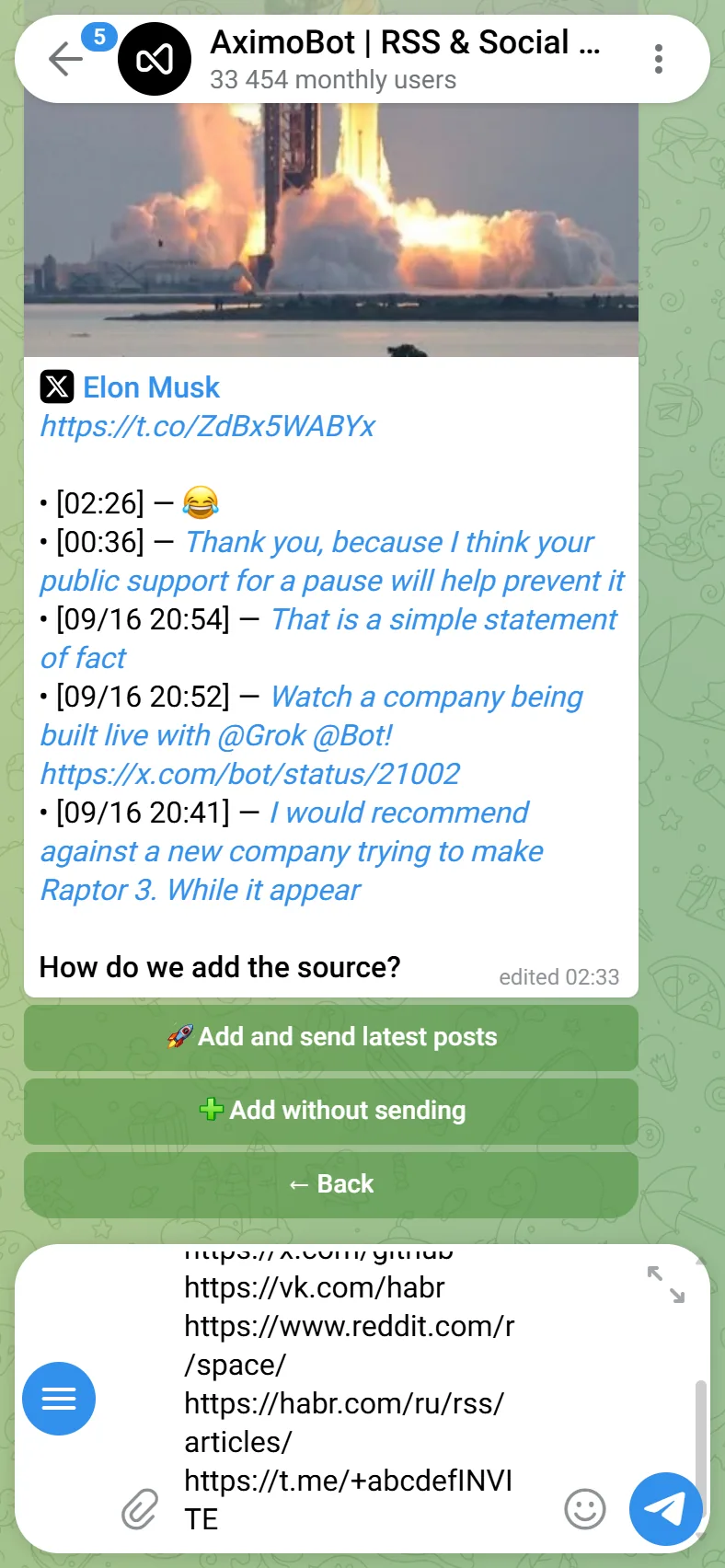 The bot: links in one message, the parsed table and the check result with the chat choice.