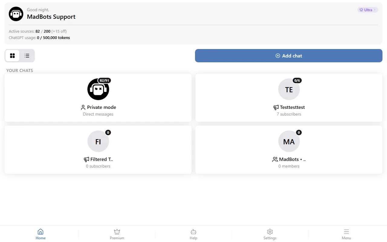 The mini app in a browser window: the home screen with your chats.