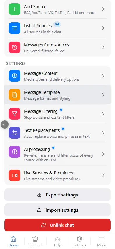 Settings, export and unlink