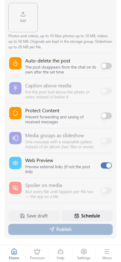 Delivery options and the publish buttons