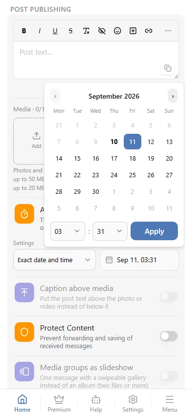 "Exact date and time": a calendar and a clock in the popover