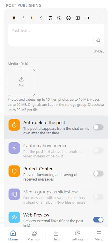 Text, media and post options