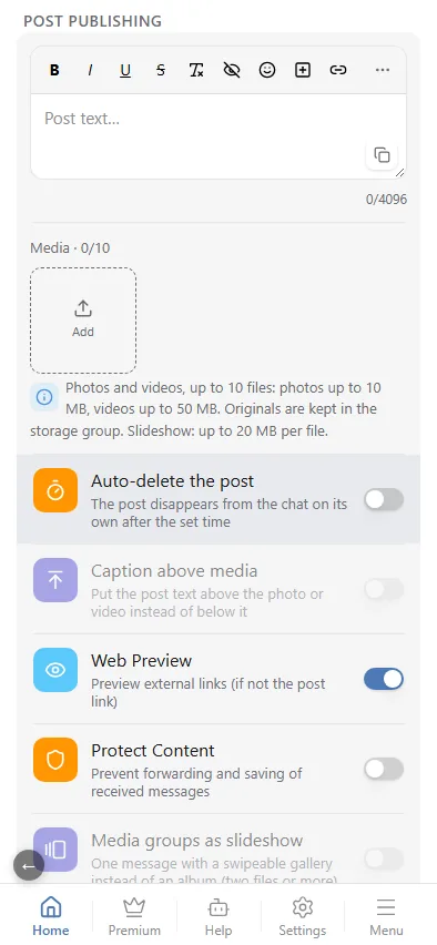 Text, media and post options