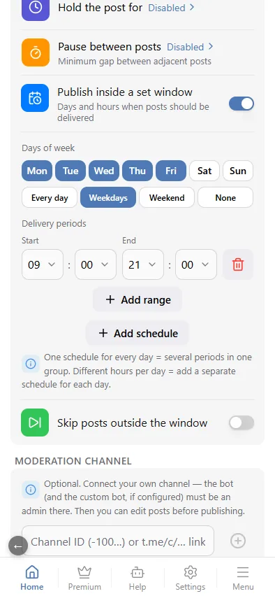 Weekdays, 09:00–21:00