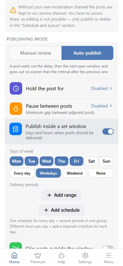 Auto-publish: delay, pause and window