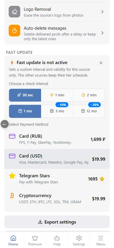 Term, payment method and price