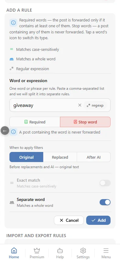 A stop word with «Separate word» on