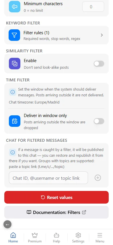 The time filter and the chat for filtered messages.