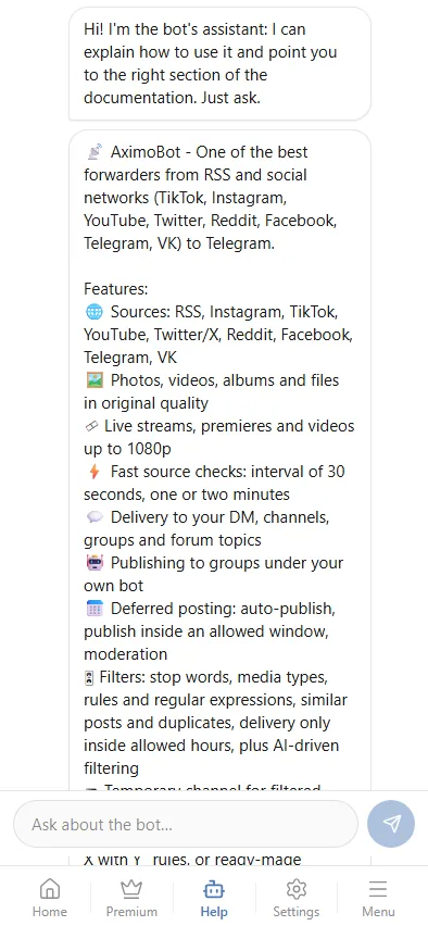 The Help tab: a chat with the assistant and links to the documentation.