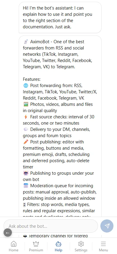 The Help tab: a chat with the assistant and links to the documentation.