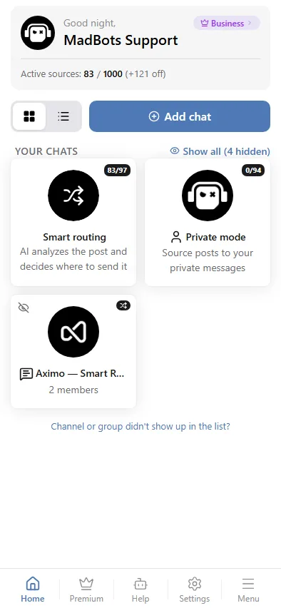 Home screen with the private chat and two connected chats.