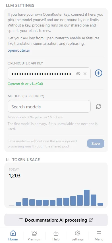 OpenRouter key, model priority and token usage.