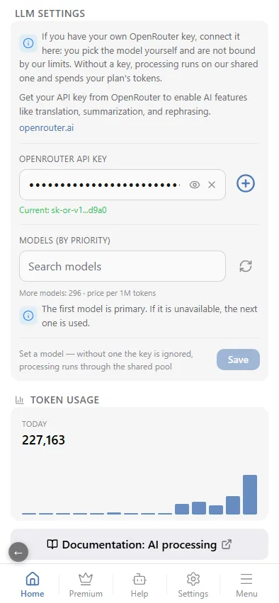 OpenRouter key, model priority and token usage.