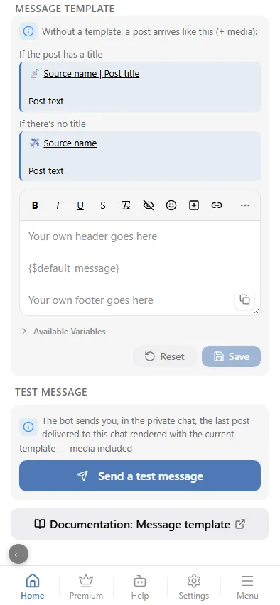 The template editor and variables