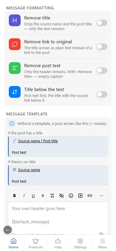 The template editor: ☺ on the bar