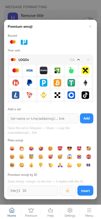 The emoji window: sets, plain ones and by id