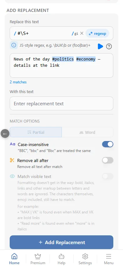 ▶ opens the tester: matches are highlighted and counted