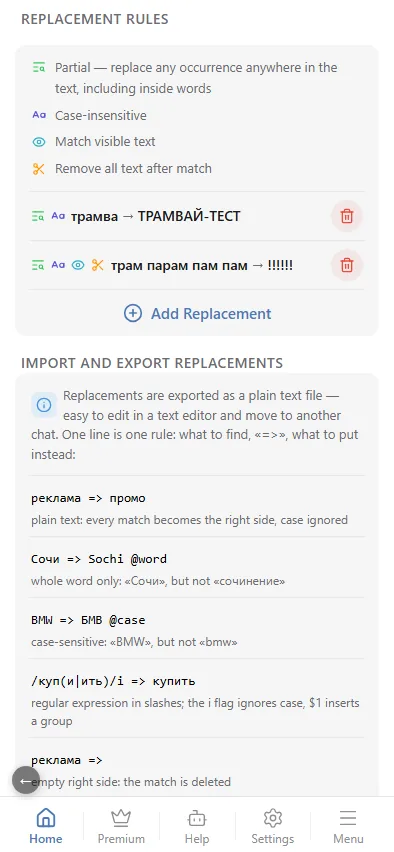 The rule list and the add form