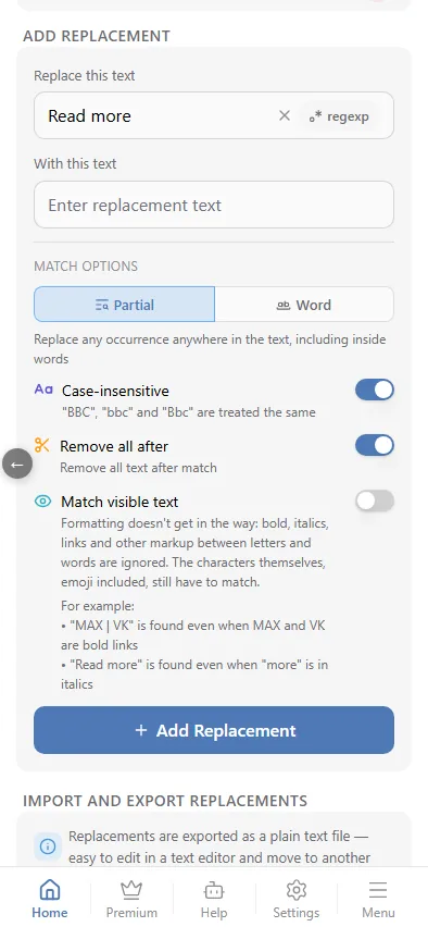 «Read more» + «Remove all after»