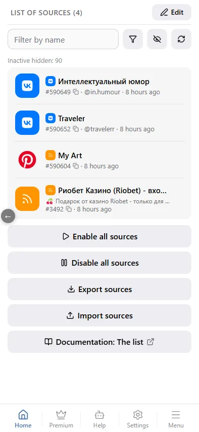 The list with name and type filters