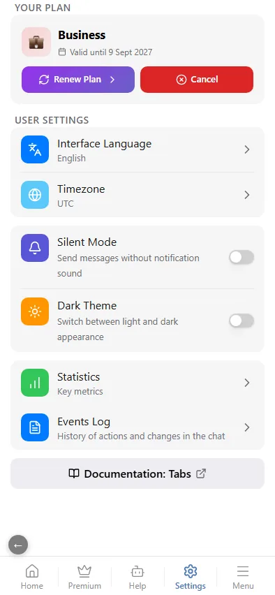 Settings tab